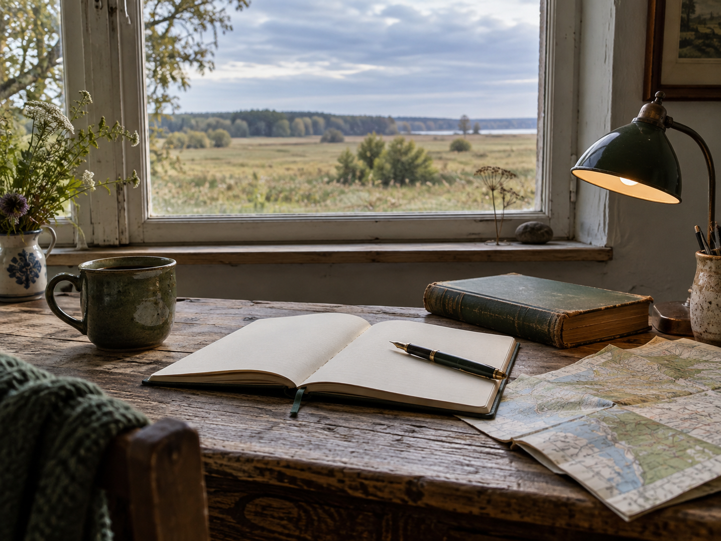 Schreibtisch am Fenster mit Blick über eine vorpommersche Landschaft