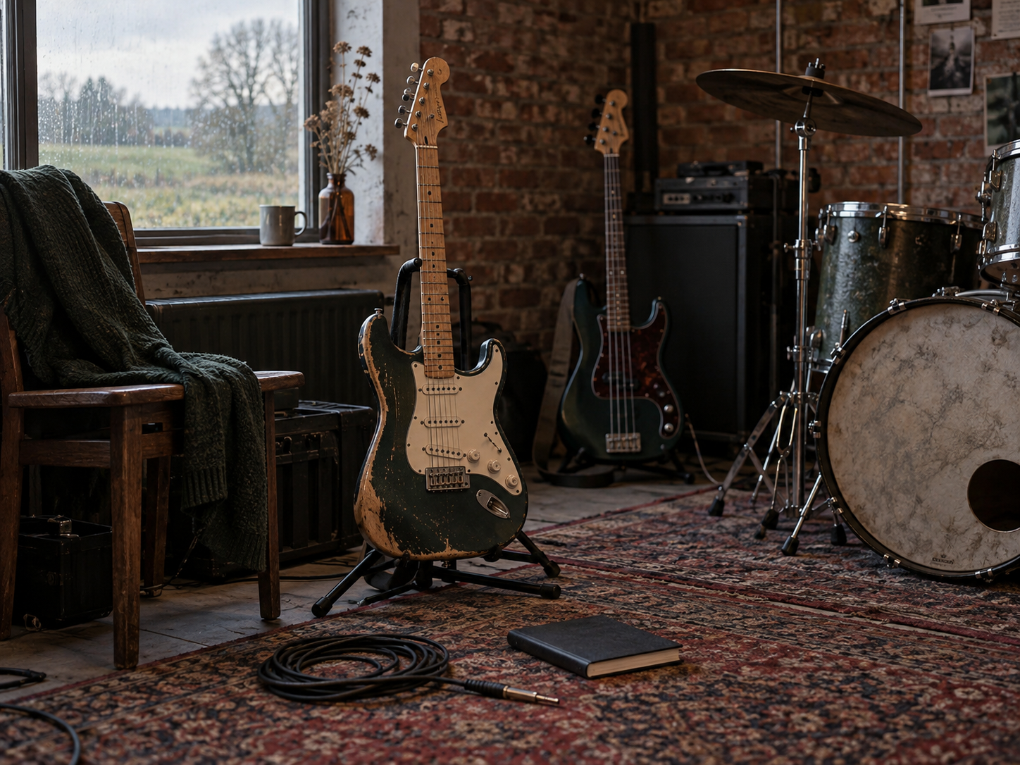 Gitarren und Schlagzeug in einem ländlichen Proberaum